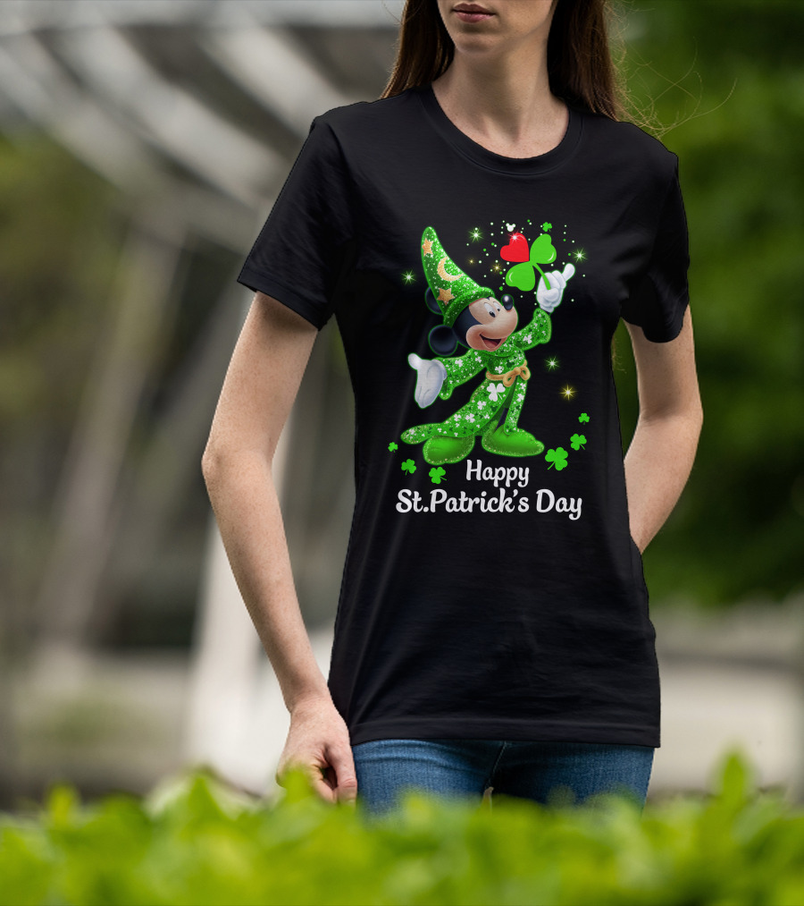 Happy St. Patrick's Day Mickey In Green Wizard Cloak With Clover Magic T-Shirt
