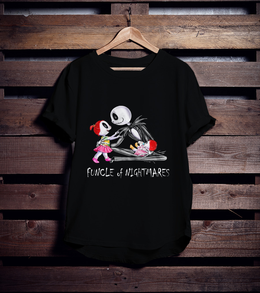 Funcle Of Nightmares With Two Girls And Skeleton Character T-Shirt
