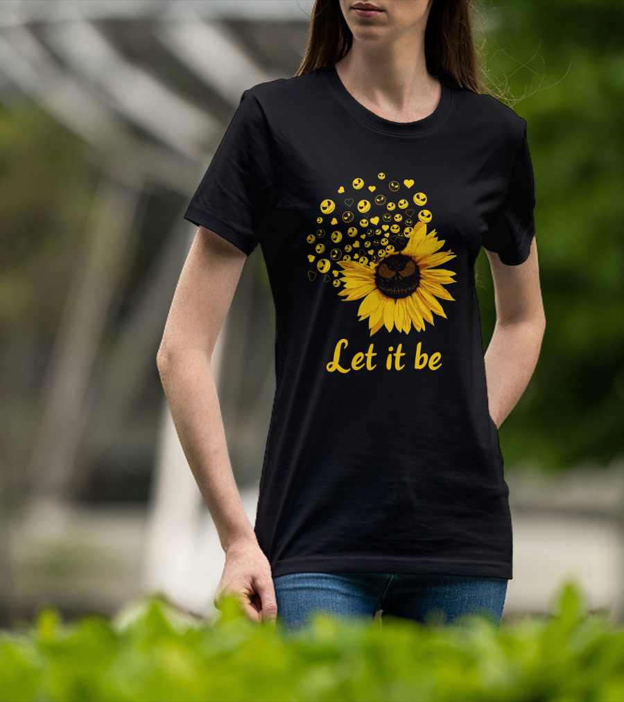 Jack Skellington Face Sunflower Let It Be Hearts Yellow Smiles T-Shirt