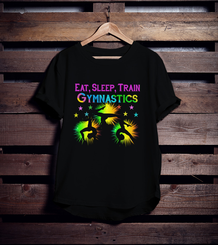 Eat Sleep Train Gymnastics Colorful Silhouette Stars Explosion T-Shirt