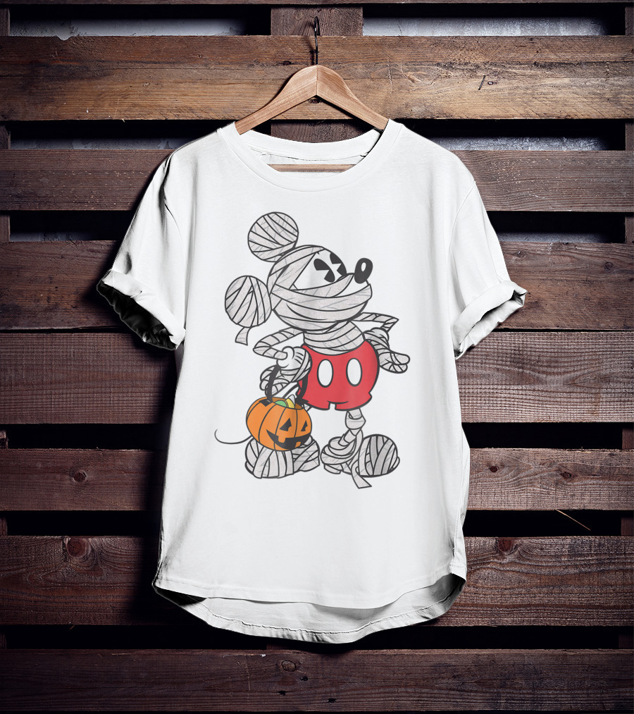 Mickey Mouse Mummy Wrapped With Pumpkin Bucket For Halloween T-Shirt