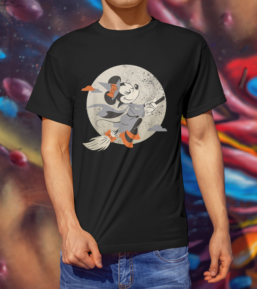 Minnie Mouse Disney Witch Flying On Broomstick Halloween Moon Scene T-Shirt