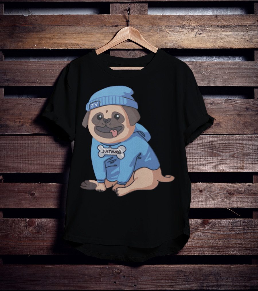 Justvurb JV Pug Dog In Blue Hoodie And Beanie T-Shirt