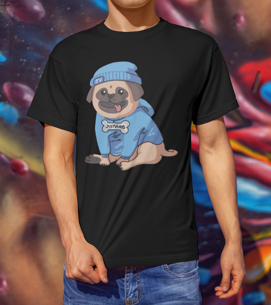 Justvurb JV Pug Dog In Blue Hoodie And Beanie T-Shirt