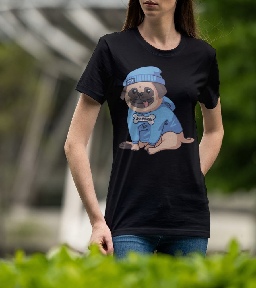 Justvurb JV Pug Dog In Blue Hoodie And Beanie T-Shirt