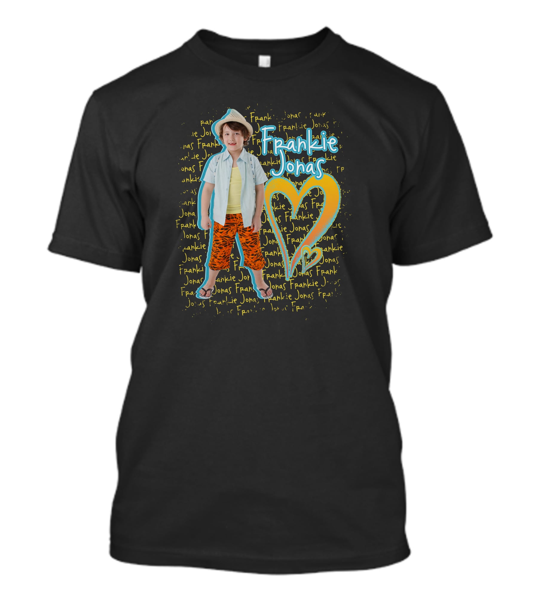 Frankie Jonas In Colorful Outfit With Heart And Repeated Name T-Shirt