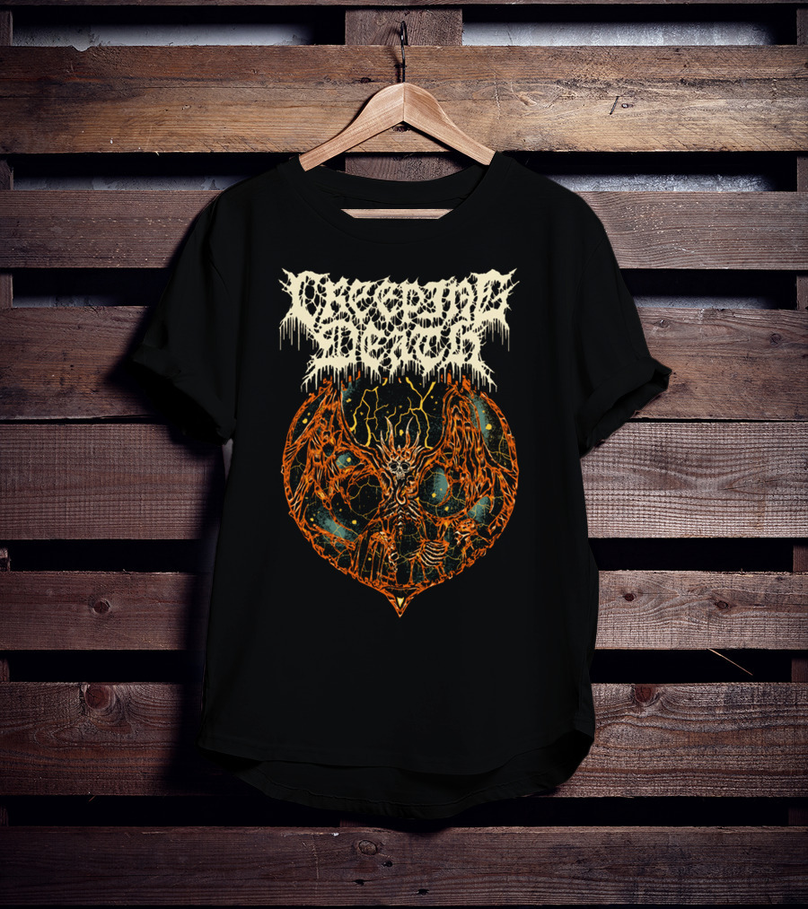 Creeping Death Skeleton Demon With Orange Lightning And Cosmic Background T-Shirt