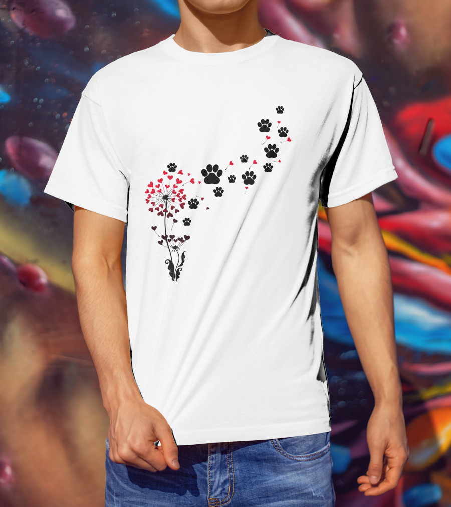 Pawprints And Heart Blossoms Dandelion T-Shirt