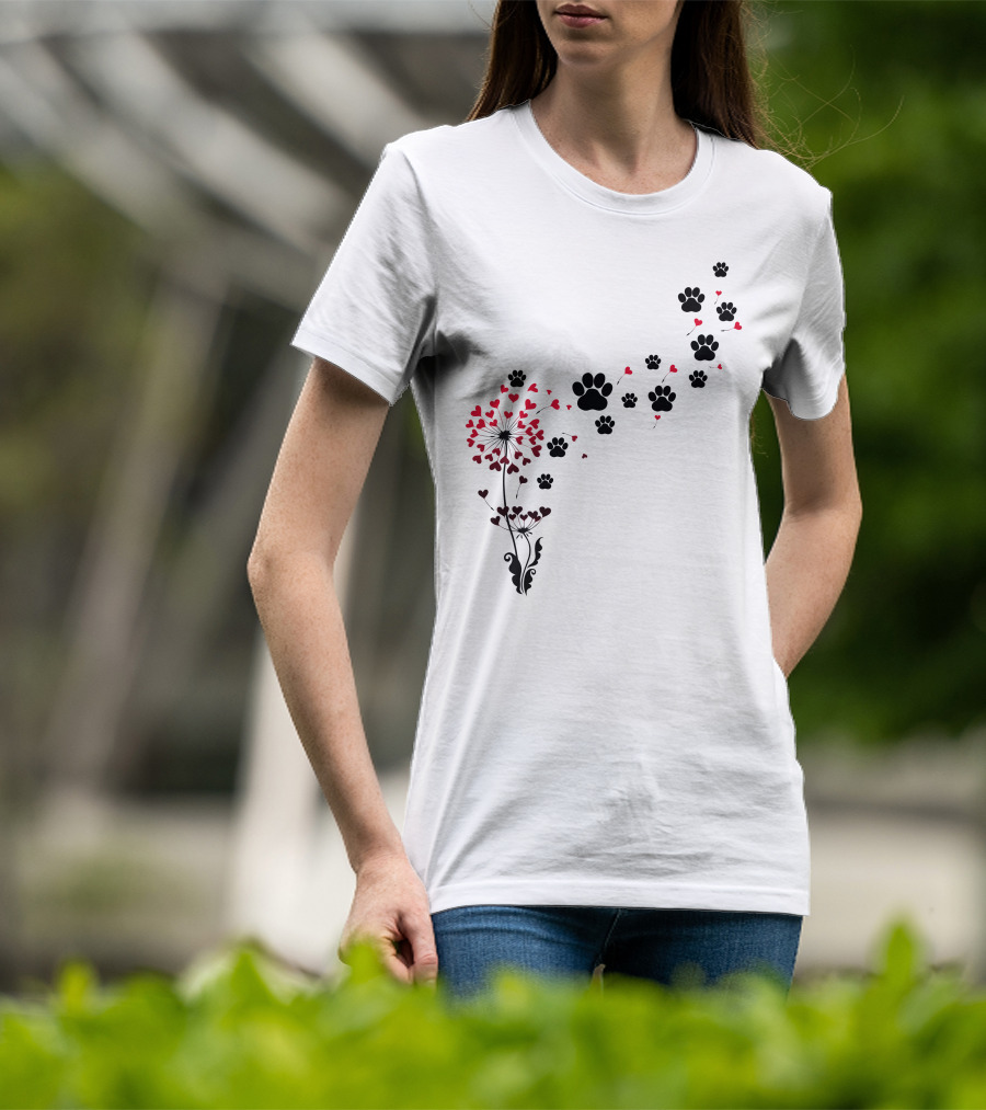 Pawprints And Heart Blossoms Dandelion T-Shirt