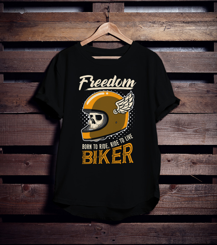 Freedom Born To Ride Ride To Live Biker Skull Winged Helmet T-Shirt