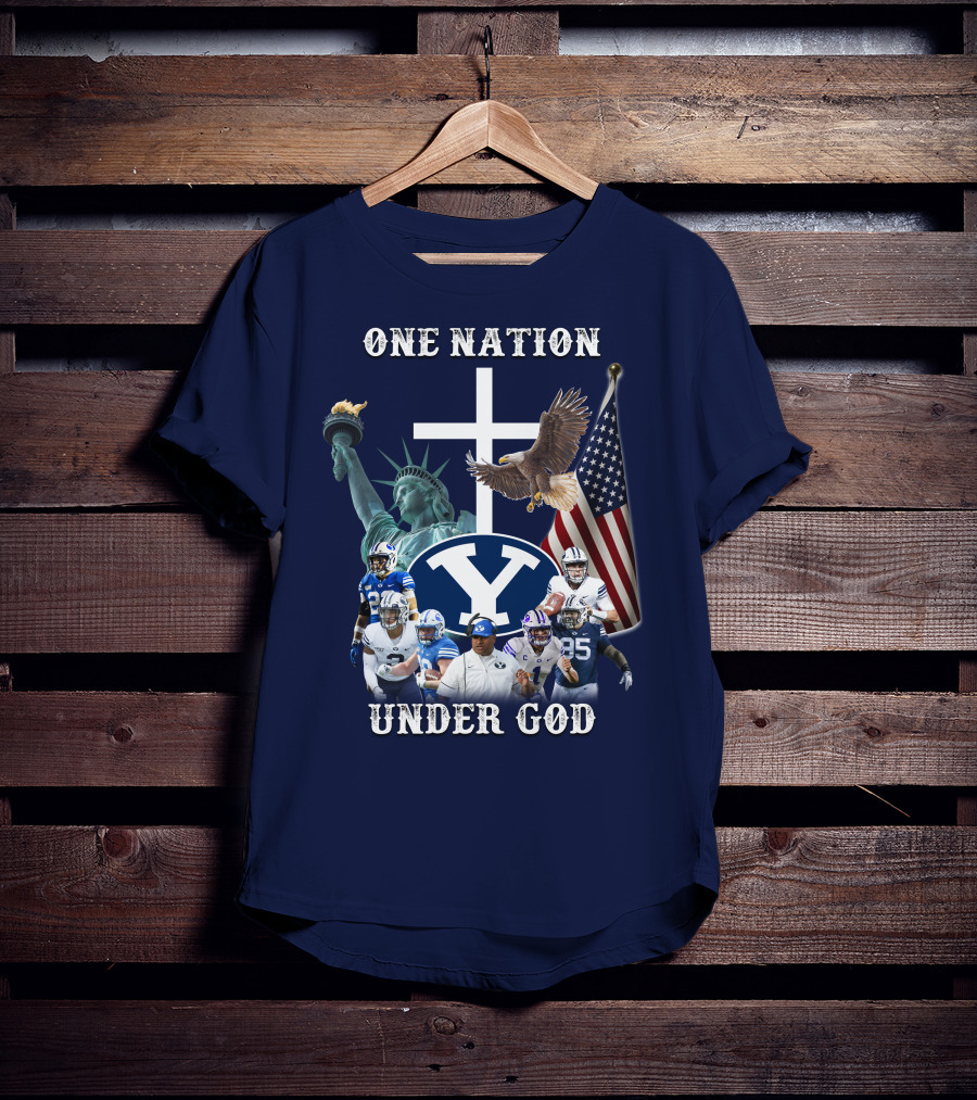 BYU One Nation Under God Coach Football Statue Liberty Cross Eagle Flag T-Shirt