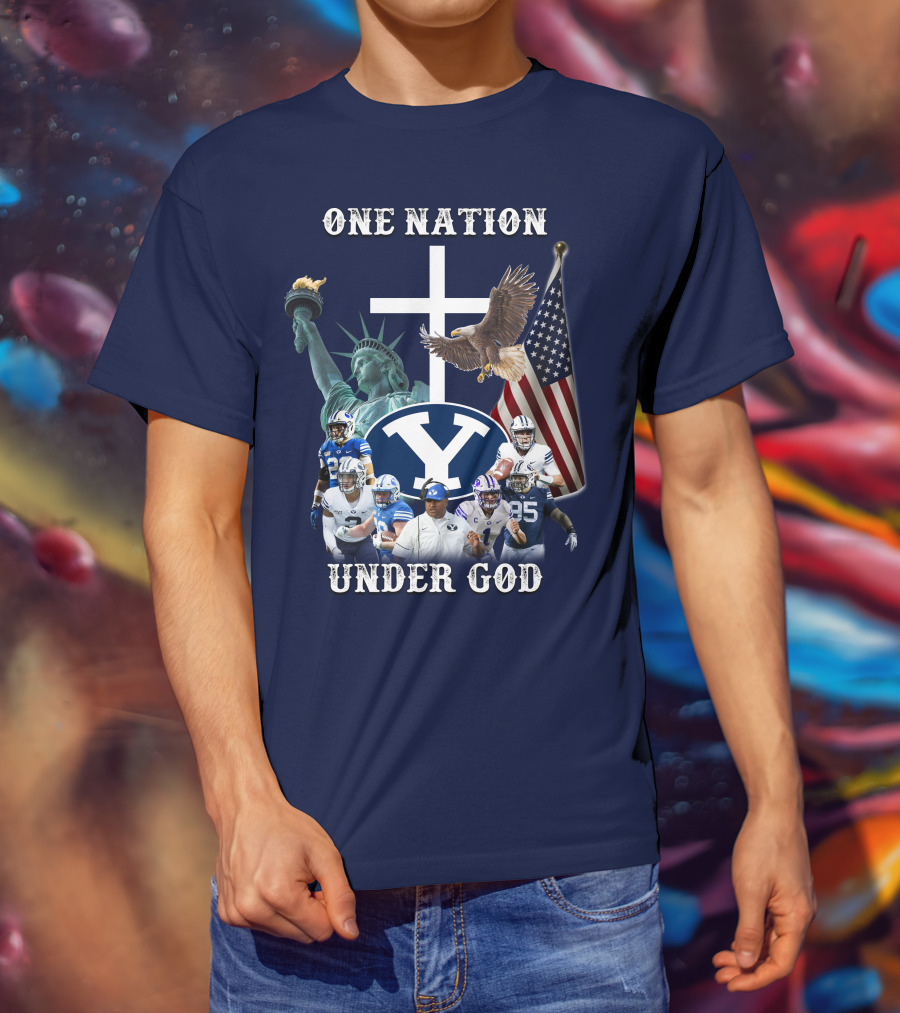 BYU One Nation Under God Coach Football Statue Liberty Cross Eagle Flag T-Shirt