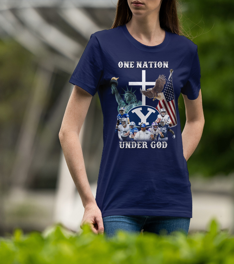 BYU One Nation Under God Coach Football Statue Liberty Cross Eagle Flag T-Shirt
