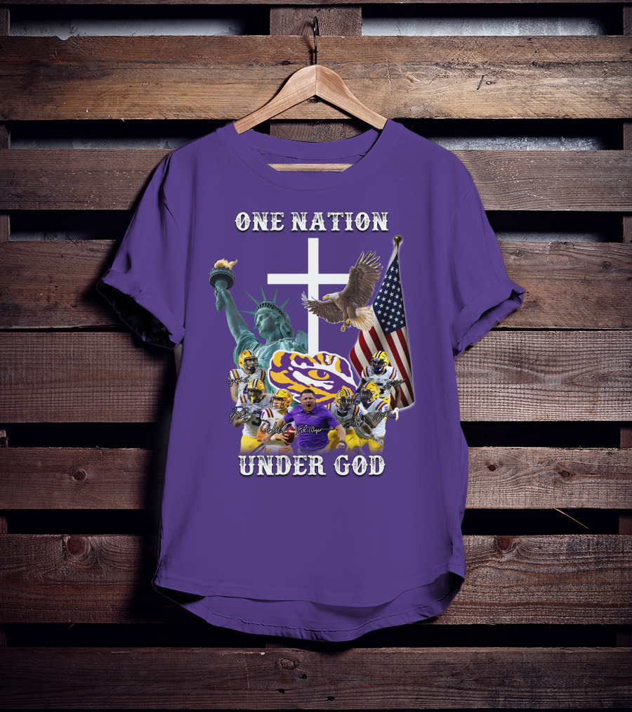 LSU Tigers Football One Nation Under God Coach Players Statue Of Liberty Eagle American Flag T-Shirt