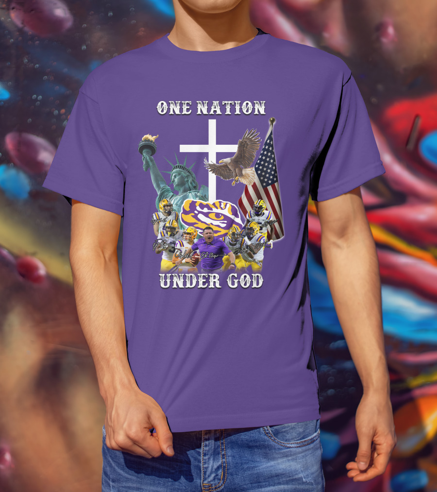 LSU Tigers Football One Nation Under God Coach Players Statue Of Liberty Eagle American Flag T-Shirt