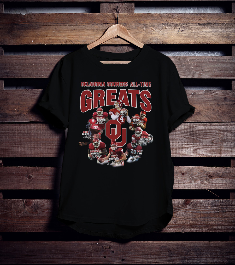 Oklahoma Sooners All-Time Greats Greg Pruitt Derrick Clayton Josh Heupel Gerald McCoy DeMarco Murray Sam Bradford Adrian Peterson Billy Sims T-Shirt