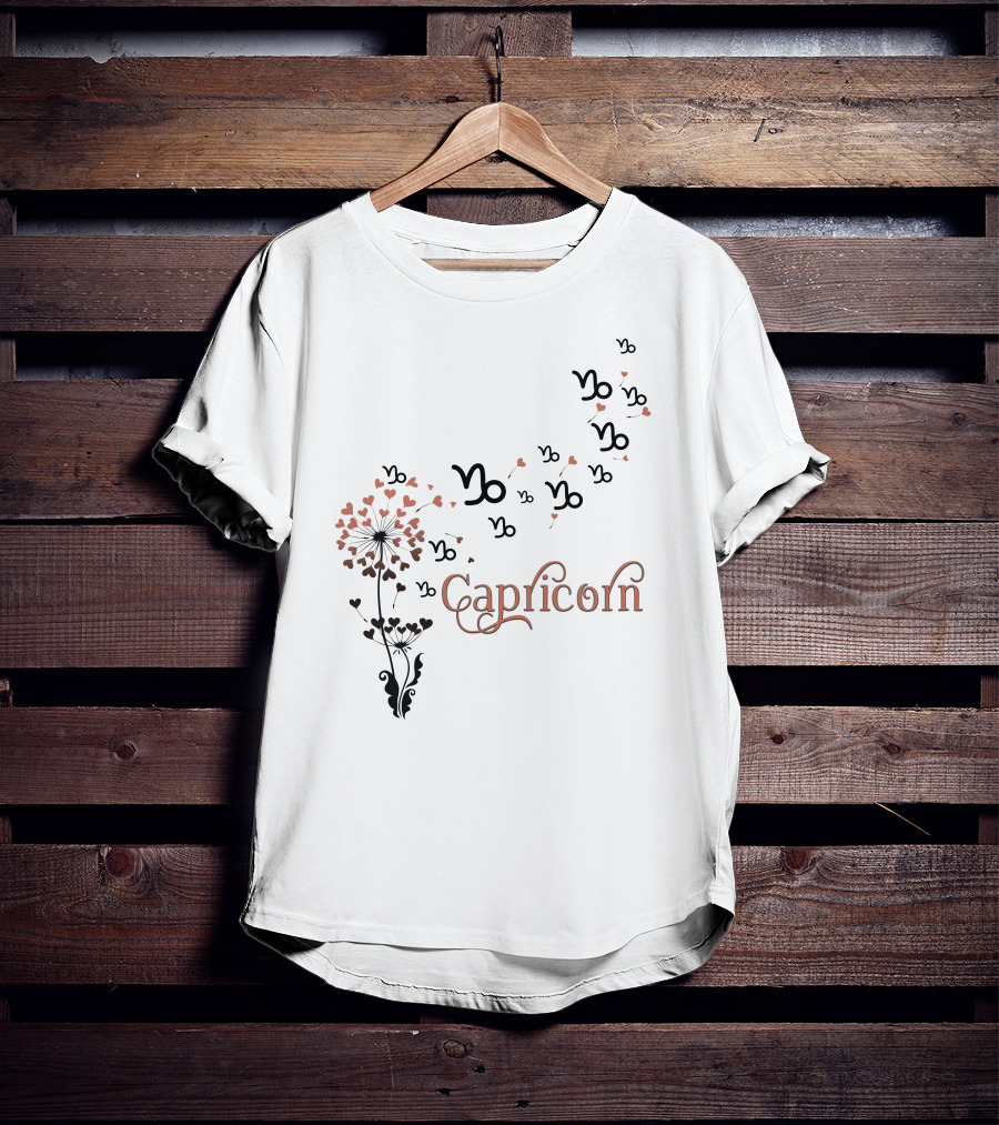 Capricorn Zodiac Sign With Heart Flower And Symbol Motif T-Shirt