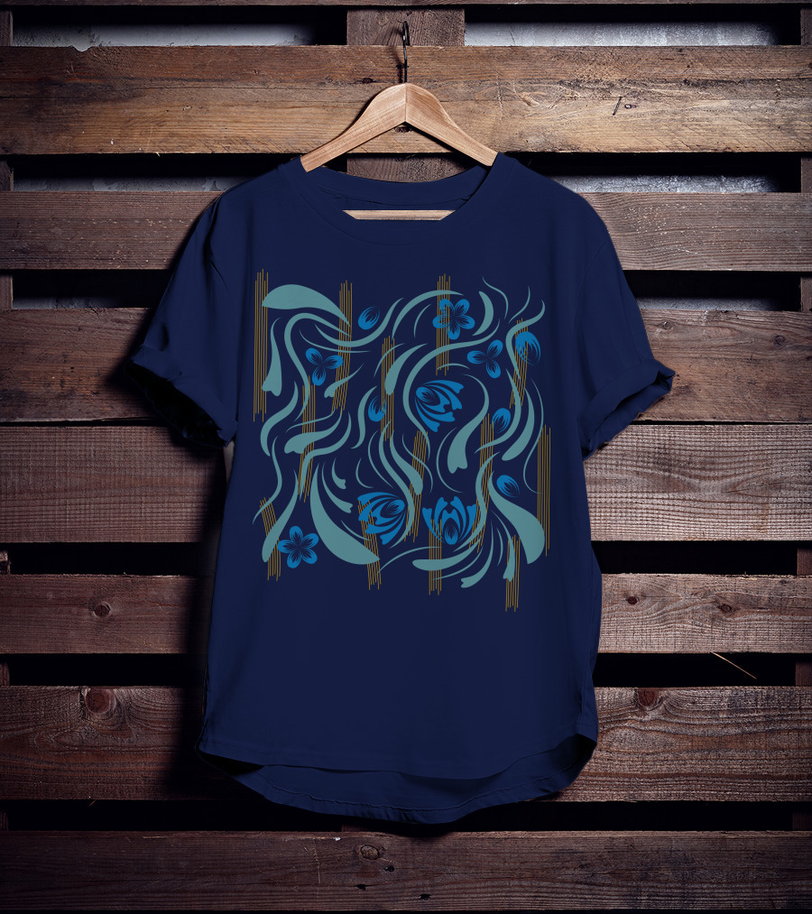 Folk Flowers Pattern Blue And Gold Floral Motif T-Shirt