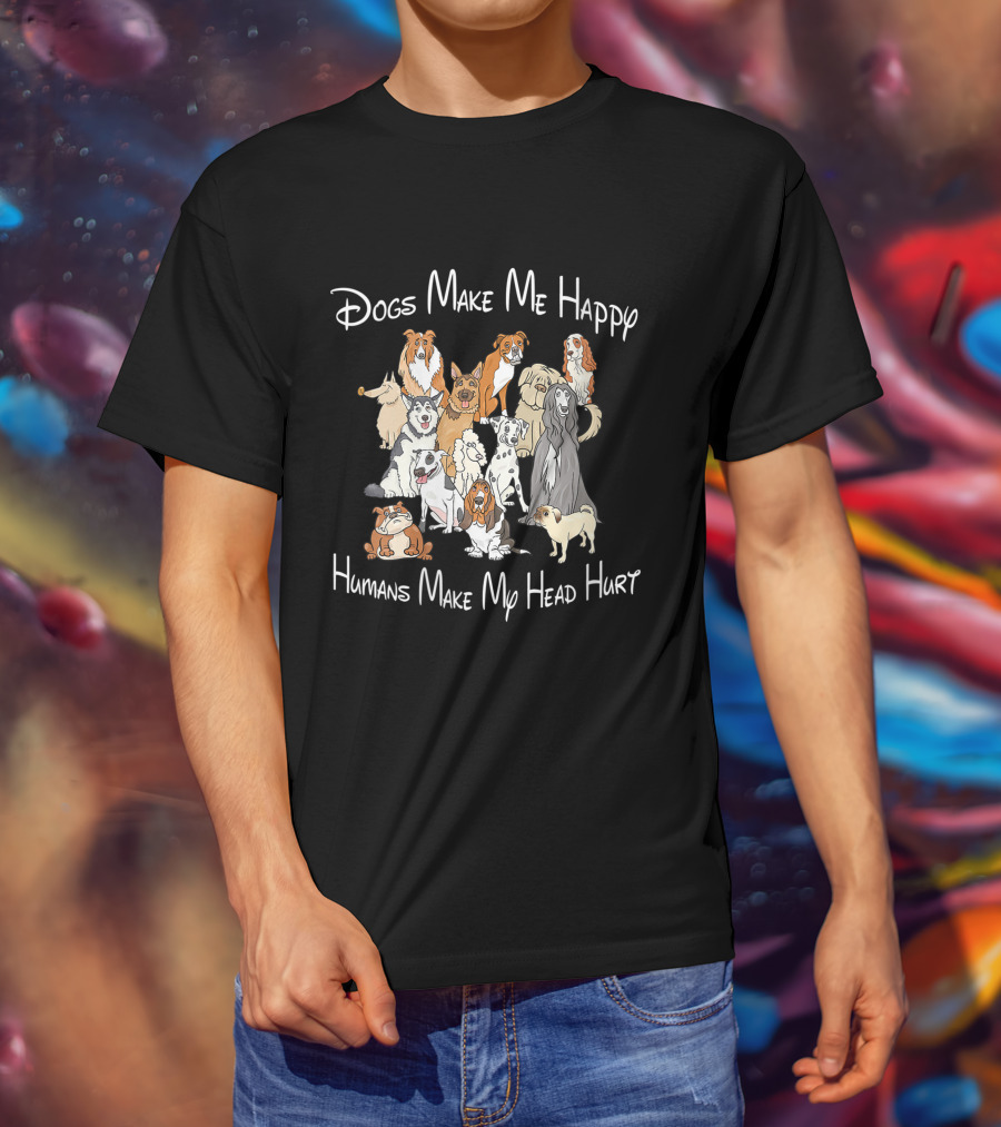 Dogs Make Me Happy Humans Make My Head Hurt With Illustrated Dog Breeds T-Shirt