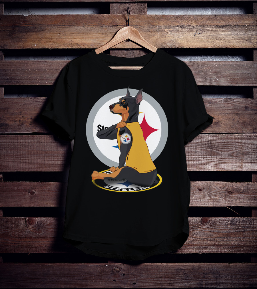 Steelers Dobermann Sitting On Steelers T-Shirt