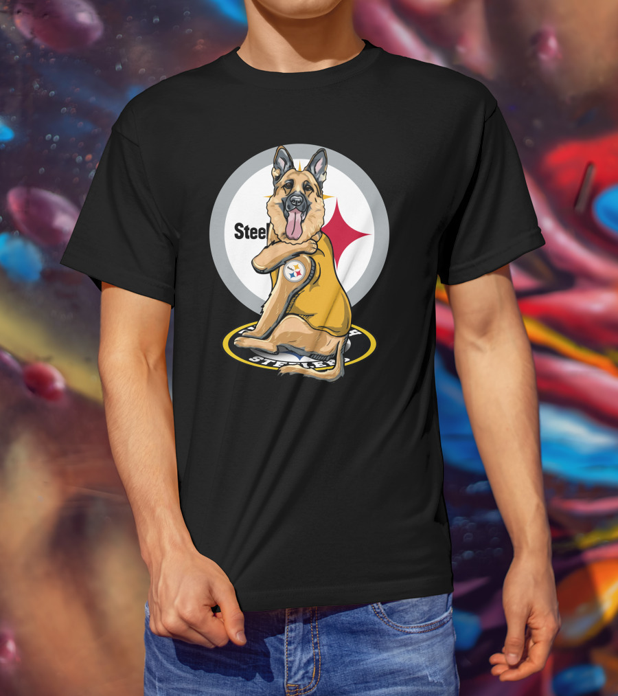 Steelers German Shepherd With NFL Logo And Team Colors T-Shirt