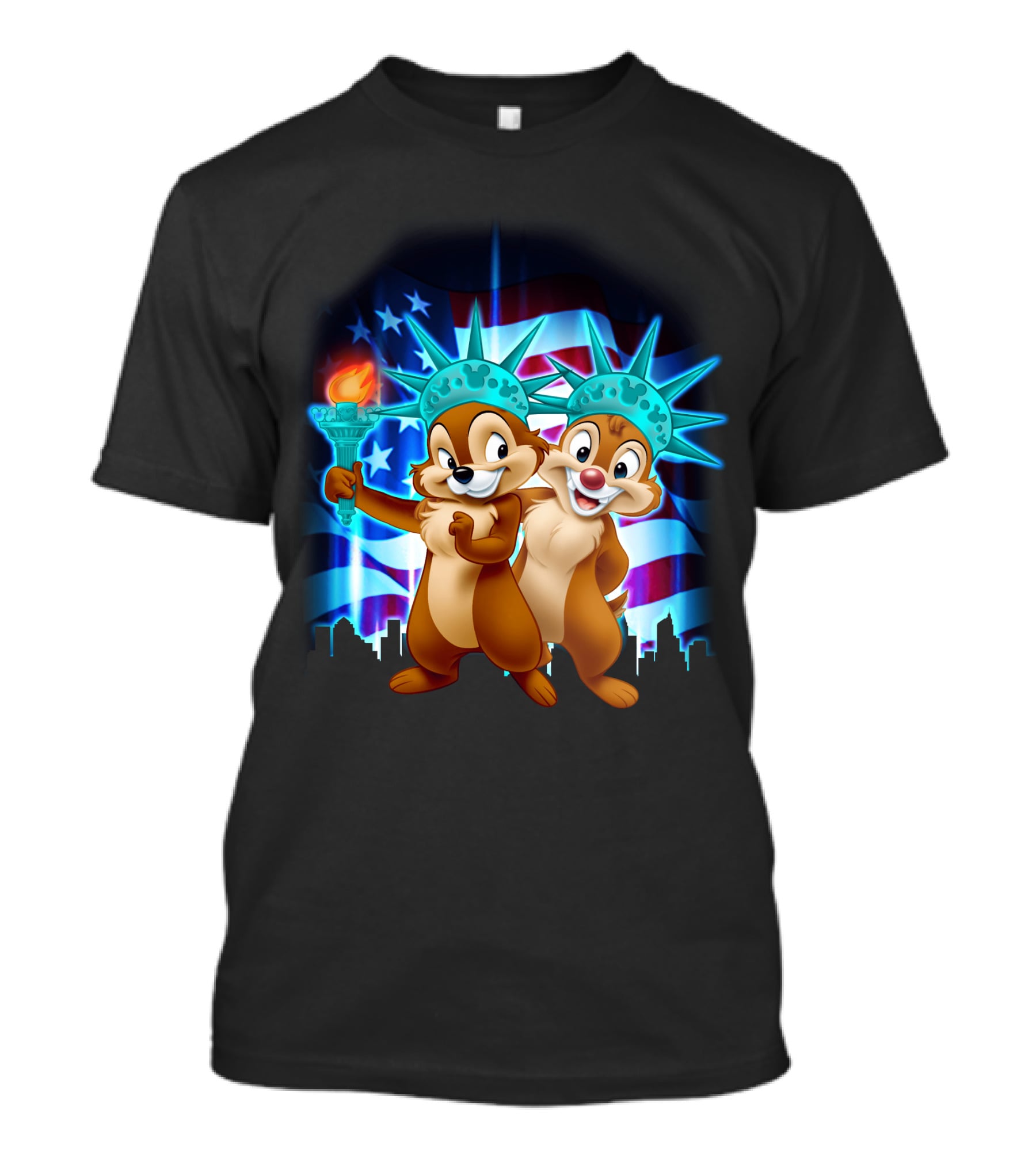 Chip And Dale Fourth Of July Statue Of Liberty With American Flag Background T-Shirt