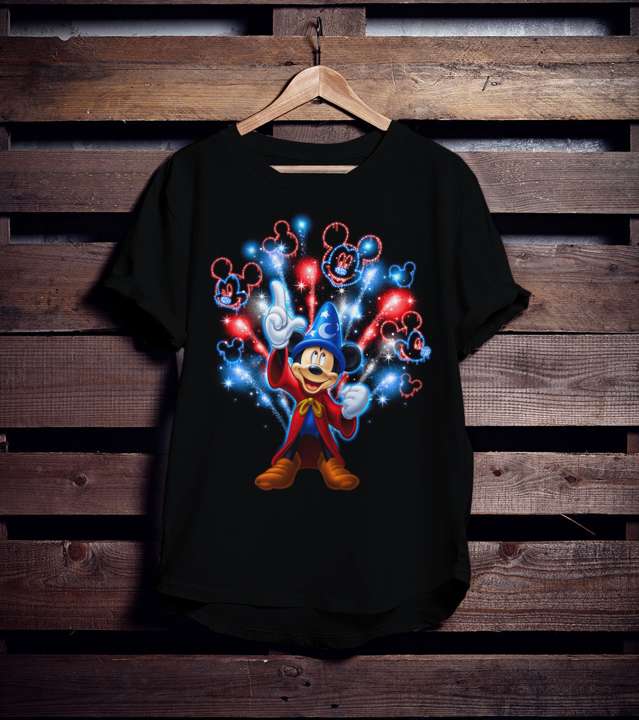 Sorcerer Mickey Mouse Red And Blue Fireworks Show T-Shirt