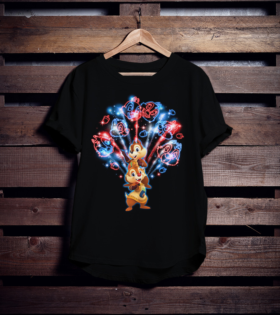 Chip And Dale Firework Celebration With Sparkling Characters T-Shirt