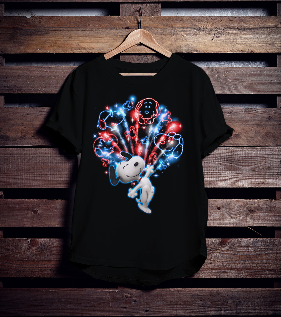Snoopy Firework Celebration With Peanuts Characters In Red And Blue T-Shirt