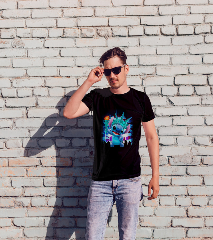 Stitch Statue Liberty American Flag Skyline T-Shirt
