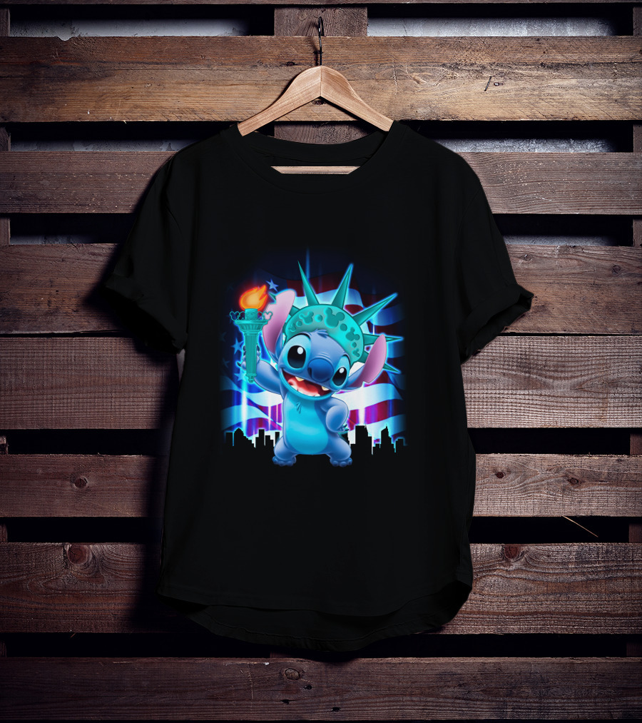 Stitch Statue Liberty American Flag Skyline T-Shirt