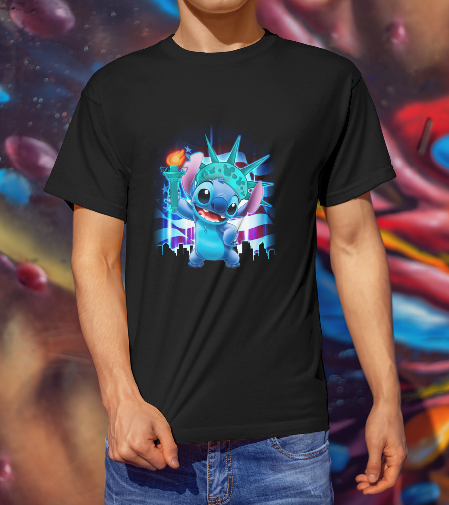 Stitch Statue Liberty American Flag Skyline T-Shirt