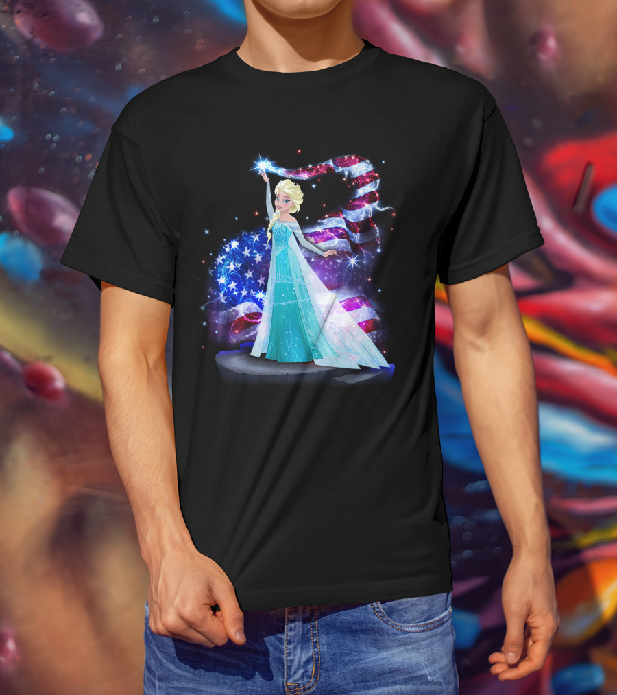 Frozen Elsa Sparkling American Flag Fourth Of July T-Shirt