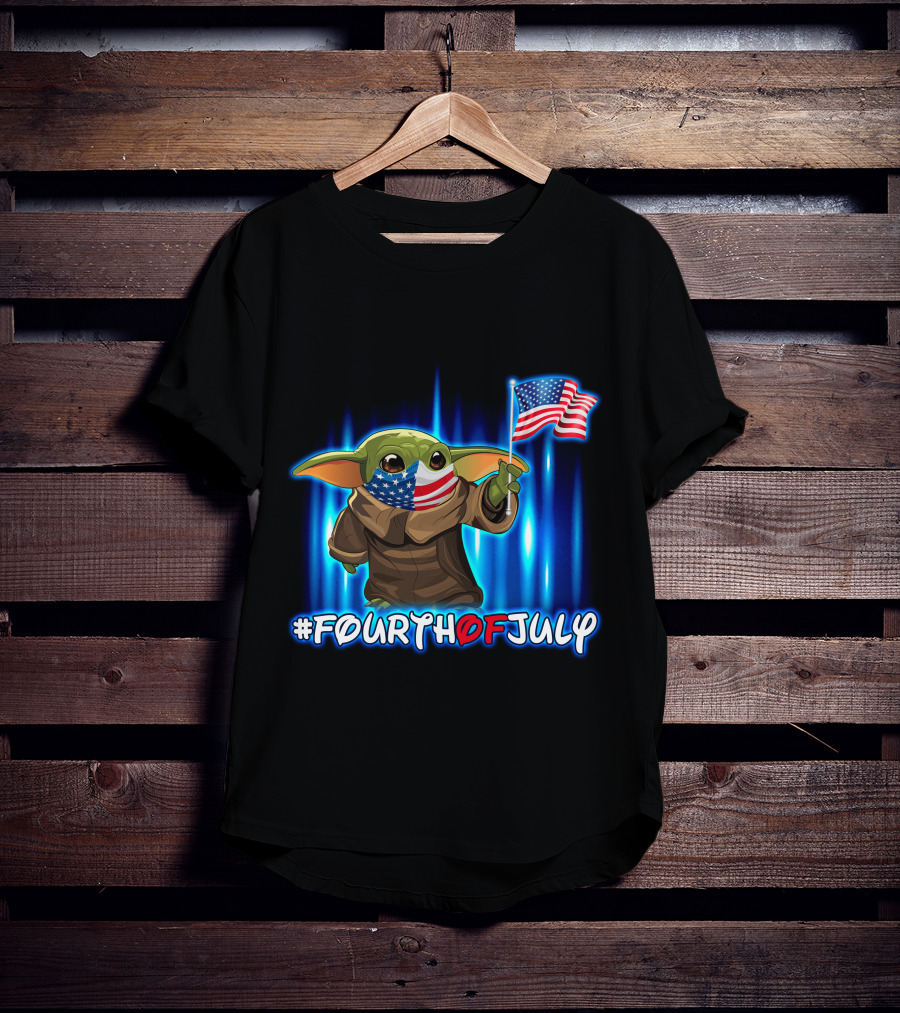 FOURTHOFJULY Baby Yoda With American Flag T-Shirt