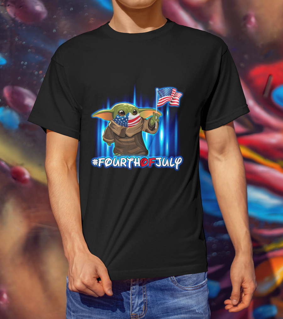 FOURTHOFJULY Baby Yoda With American Flag T-Shirt