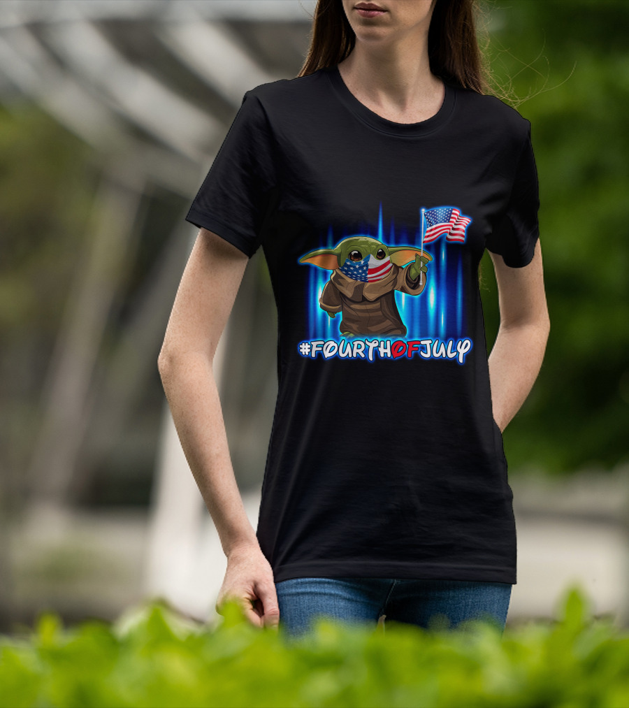 FOURTHOFJULY Baby Yoda With American Flag T-Shirt