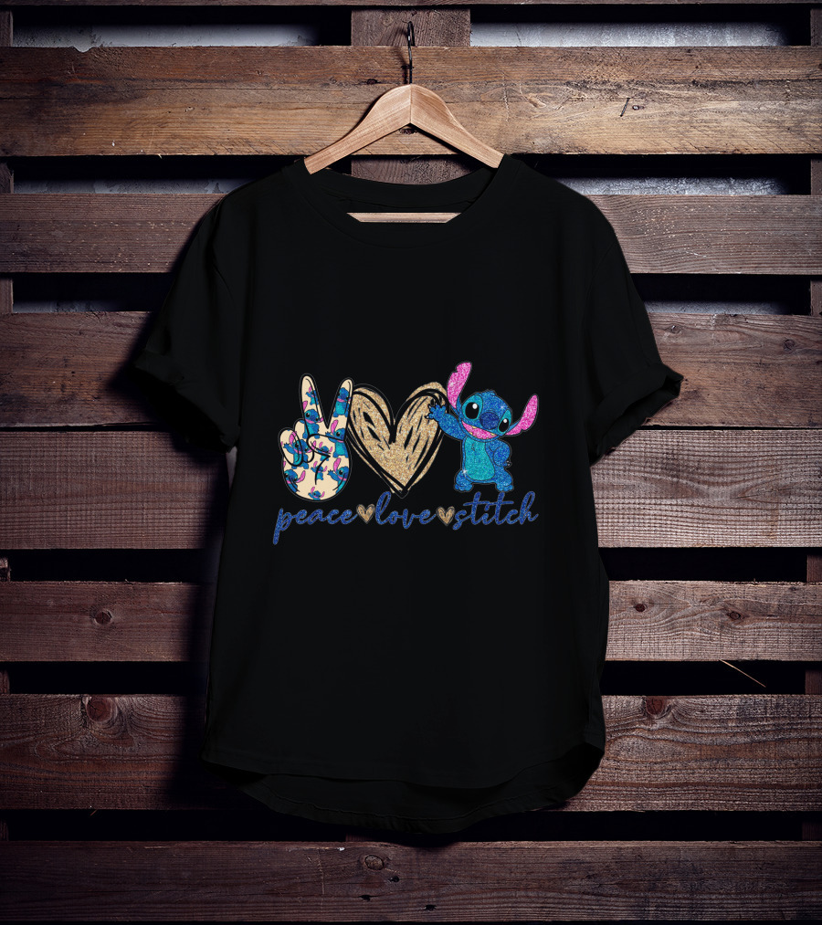 Peace Love Stitch Glittery Heart And Peace Sign T-Shirt