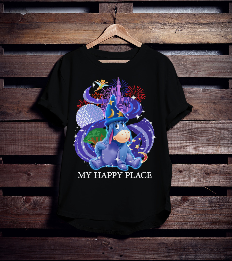 Eeyore My Happy Place Disney Castle Fireworks Spaceship Earth Tinker Bell T-Shirt