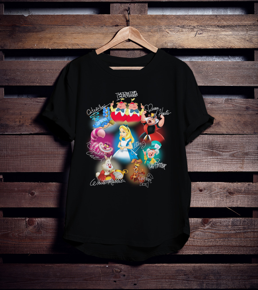Alice Tweedledee Tweedledum Queen Hearts Cheshire Cat White Rabbit Mad Hatter Caterpillar March Hare Signatures T-Shirt