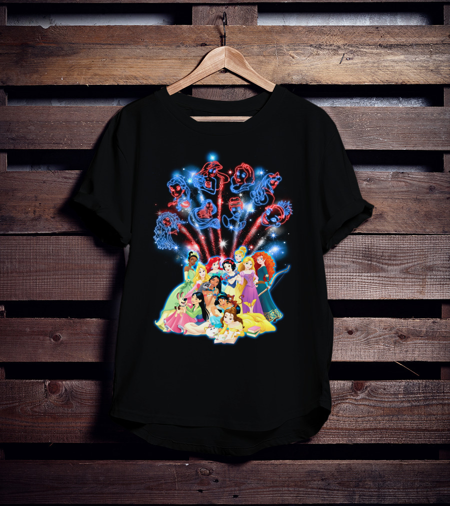 Disney Princess Characters And Fireworks T-Shirt
