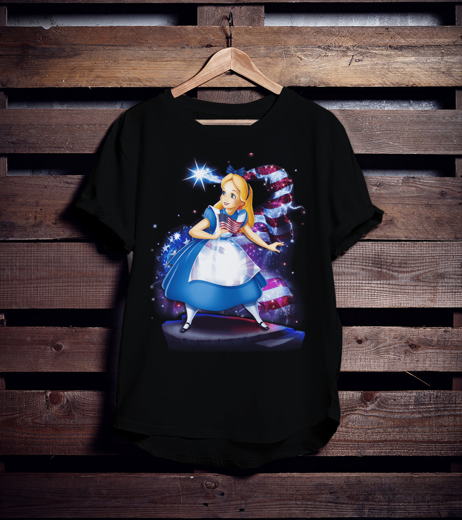 Alice Holding American Flag In Wonderland With Stars And Stripes Background T-Shirt