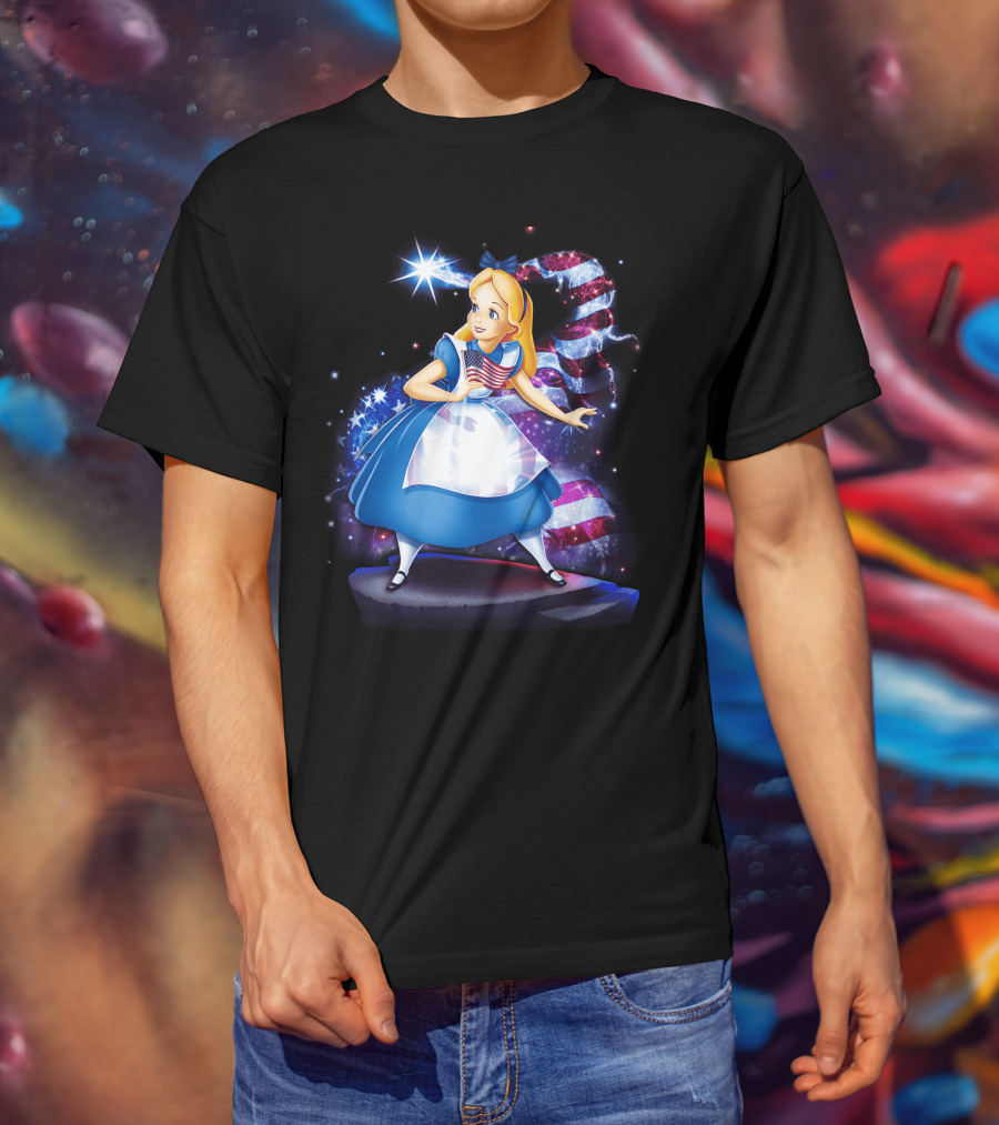 Alice Holding American Flag In Wonderland With Stars And Stripes Background T-Shirt