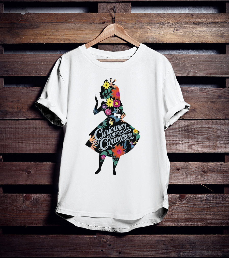 Curiouser And Curiouser Alice Silhouette With Colorful Floral T-Shirt
