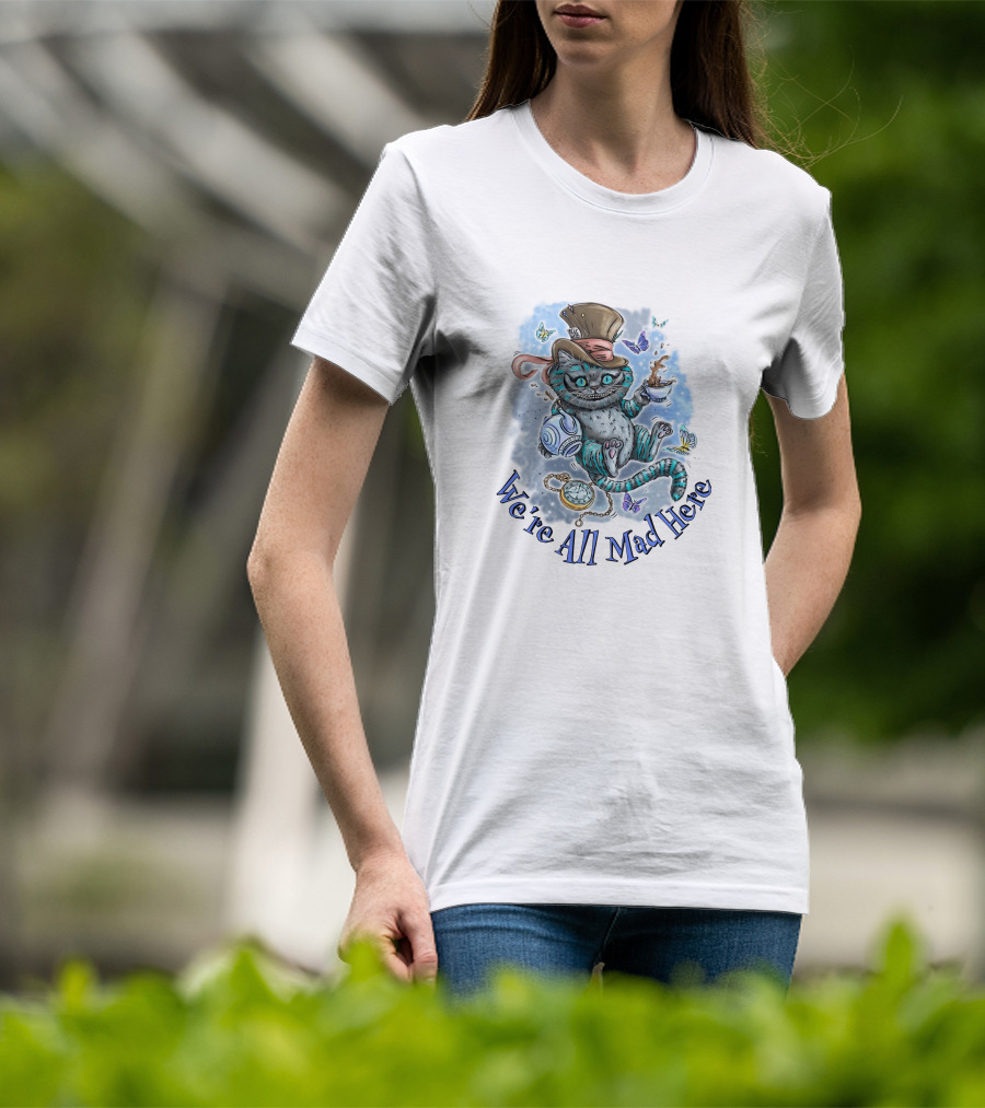 Cheshire Cat We're All Mad Here Mad Hatter Tea Party Butterflies Pocket Watch T-Shirt