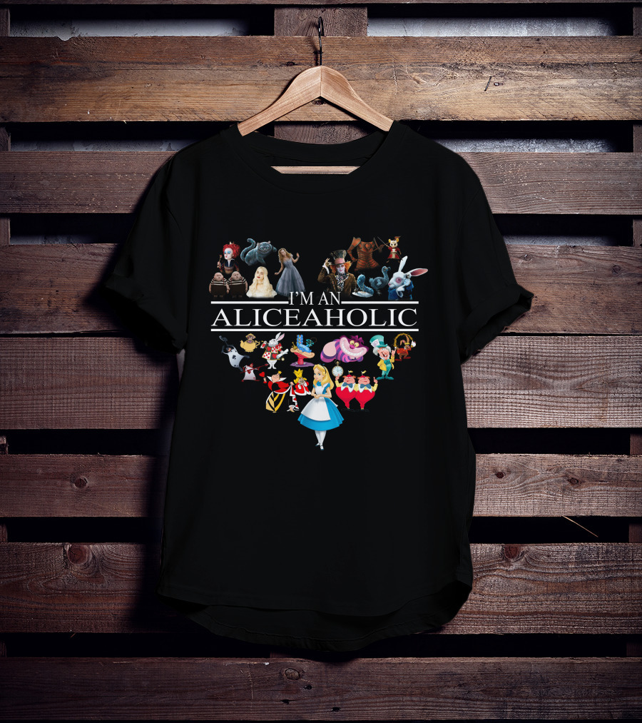 I'm An Aliceaholic Alice In Wonderland Characters Heart Shaped Collage T-Shirt