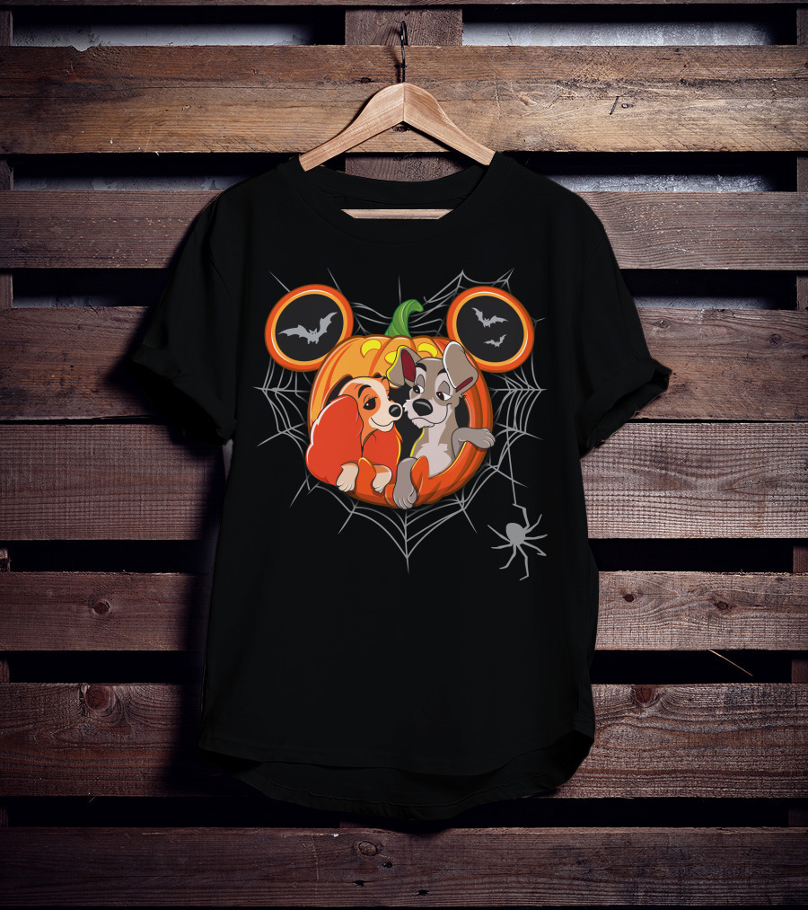 Lady And The Tramp Halloween Pumpkin With Spider Web And Bats T-Shirt