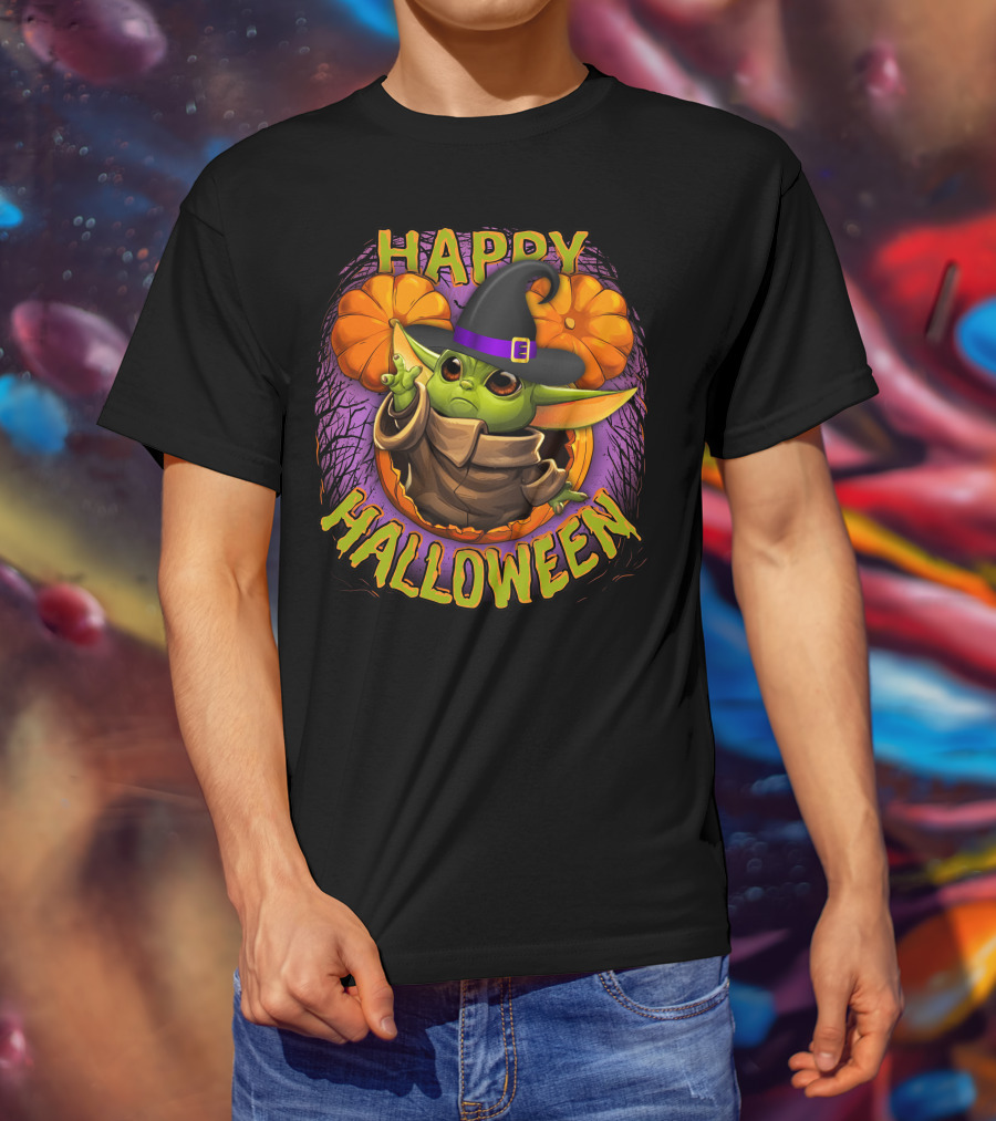 Happy Halloween Baby Yoda Magic Pumpkin Wizard Hat T-Shirt