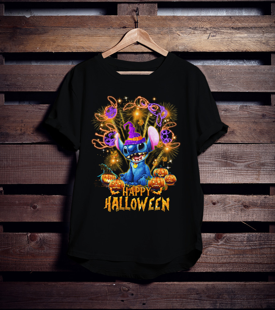 Stitch Happy Halloween Firework Display With Pumpkins And Witch Hat T-Shirt