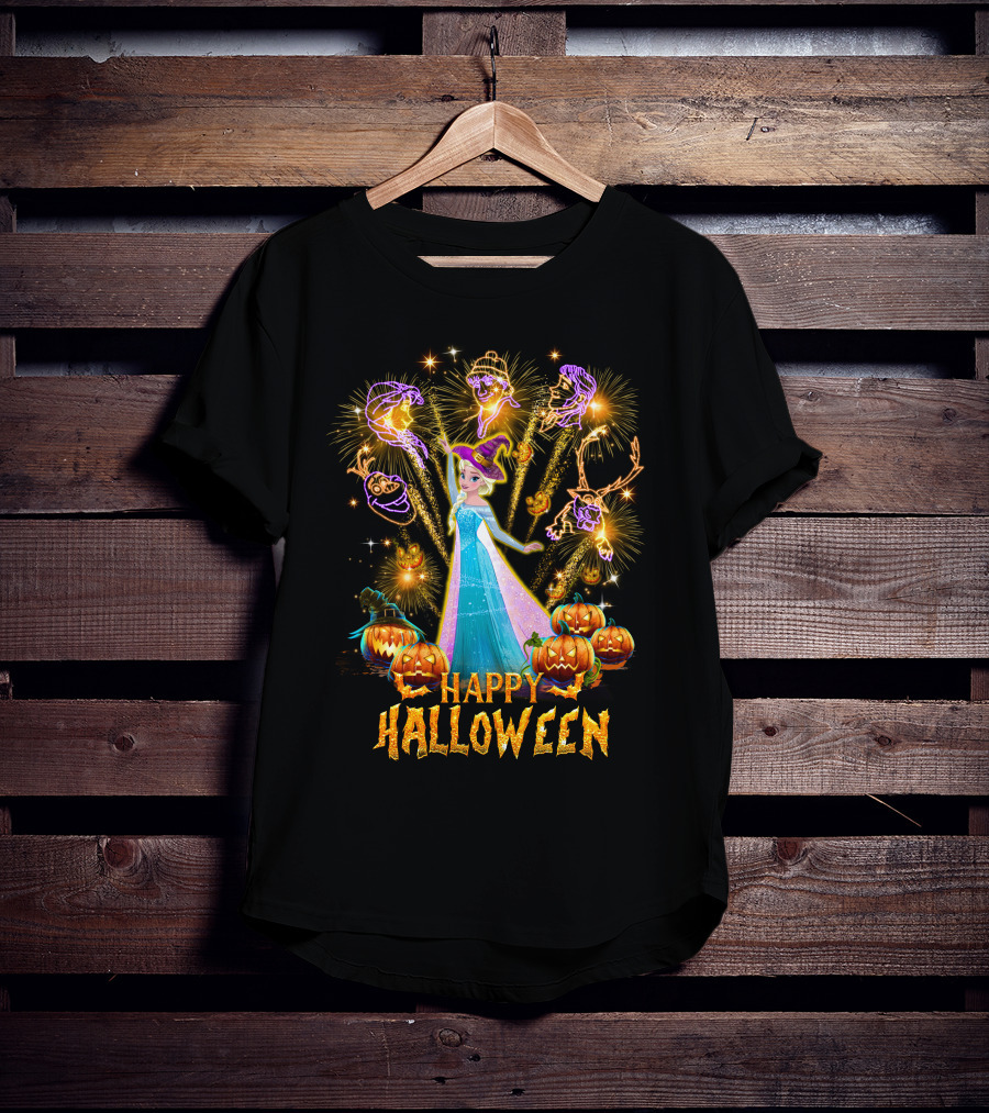 Elsa Happy Halloween With Fireworks And Pumpkins T-Shirt