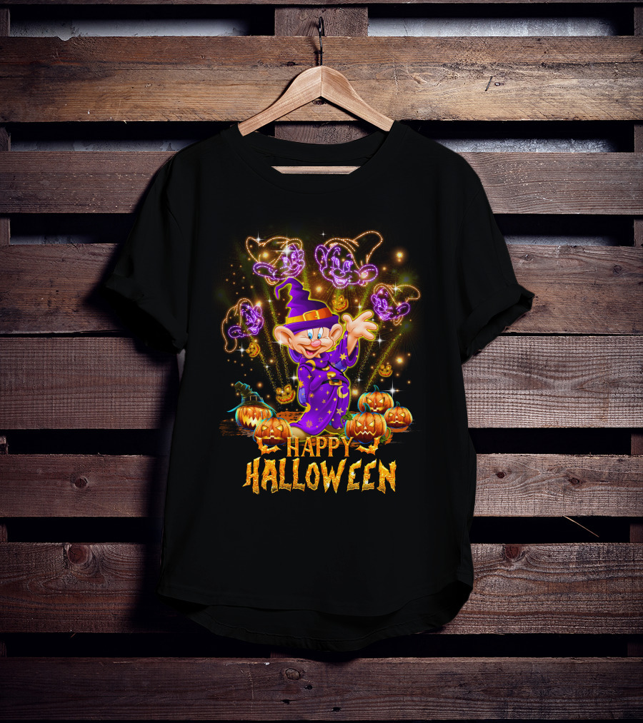 Happy Halloween Dopey In Wizard Hat With Fireworks And Pumpkins T-Shirt